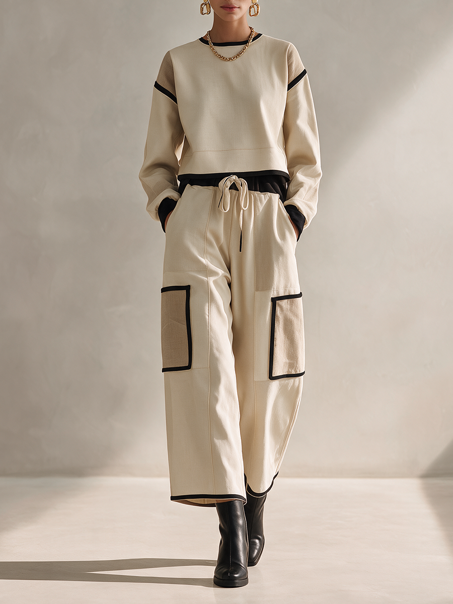 Women's Casual Black-Trim Round-Neck Dropped-Shoulder Long-Sleeve Cropped Top & Drawstring Cargo Wide-Leg Trouser Set MDZ2456H1CMX