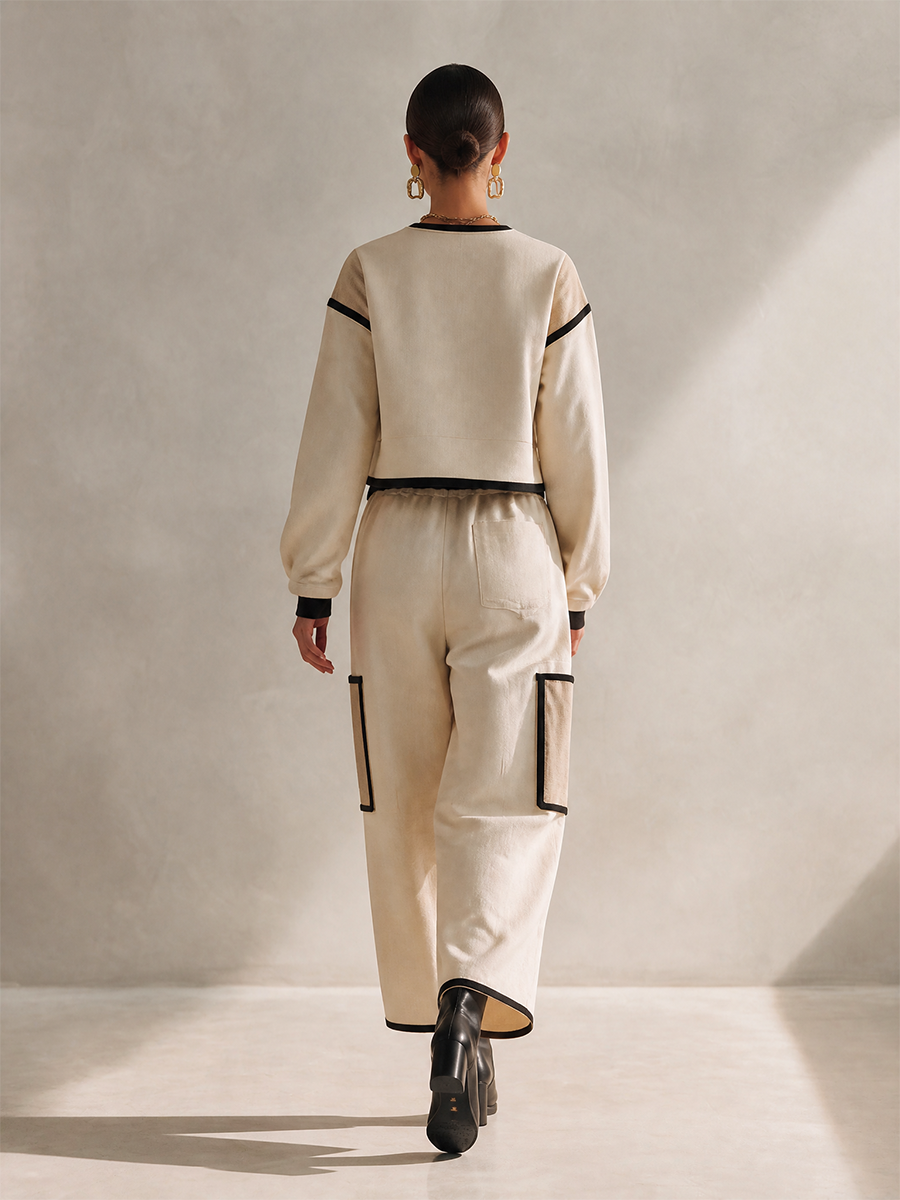 Women's Casual Black-Trim Round-Neck Dropped-Shoulder Long-Sleeve Cropped Top & Drawstring Cargo Wide-Leg Trouser Set MDZ2456H1CMX