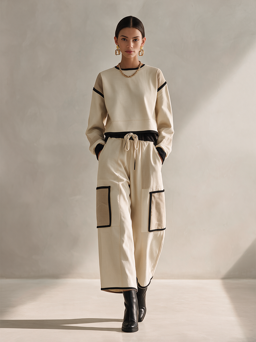 Women's Casual Black-Trim Round-Neck Dropped-Shoulder Long-Sleeve Cropped Top & Drawstring Cargo Wide-Leg Trouser Set MDZ2456H1CMX
