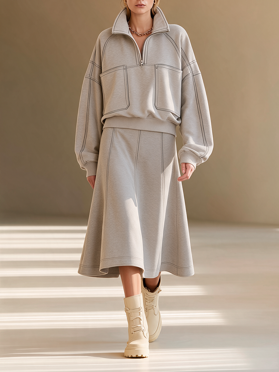 Women's Casual Half-Zip Stand-Collar Dropped-Shoulder Long-Sleeve Sweatshirt & High-Waisted A-Line Skirt Set MDZ2469H2CMX