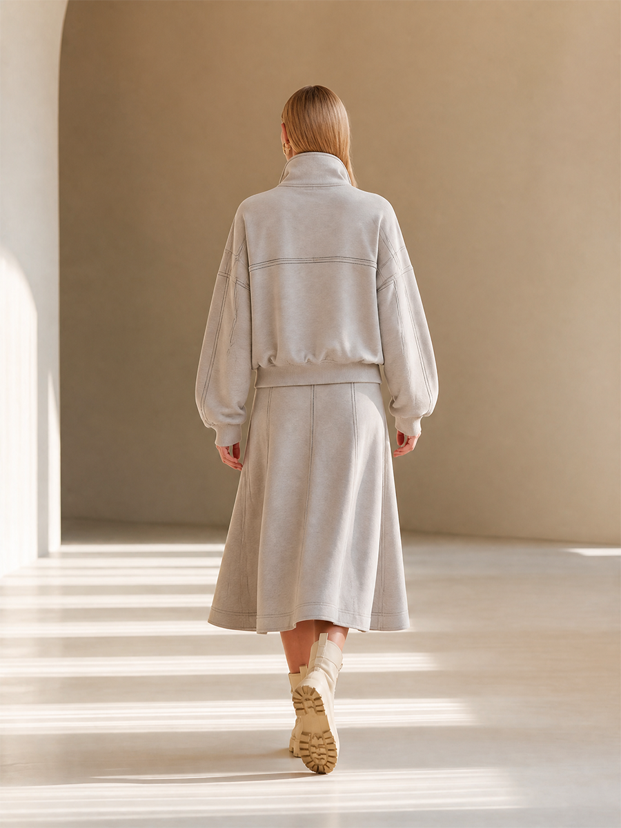 Women's Casual Half-Zip Stand-Collar Dropped-Shoulder Long-Sleeve Sweatshirt & High-Waisted A-Line Skirt Set MDZ2469H2CMX