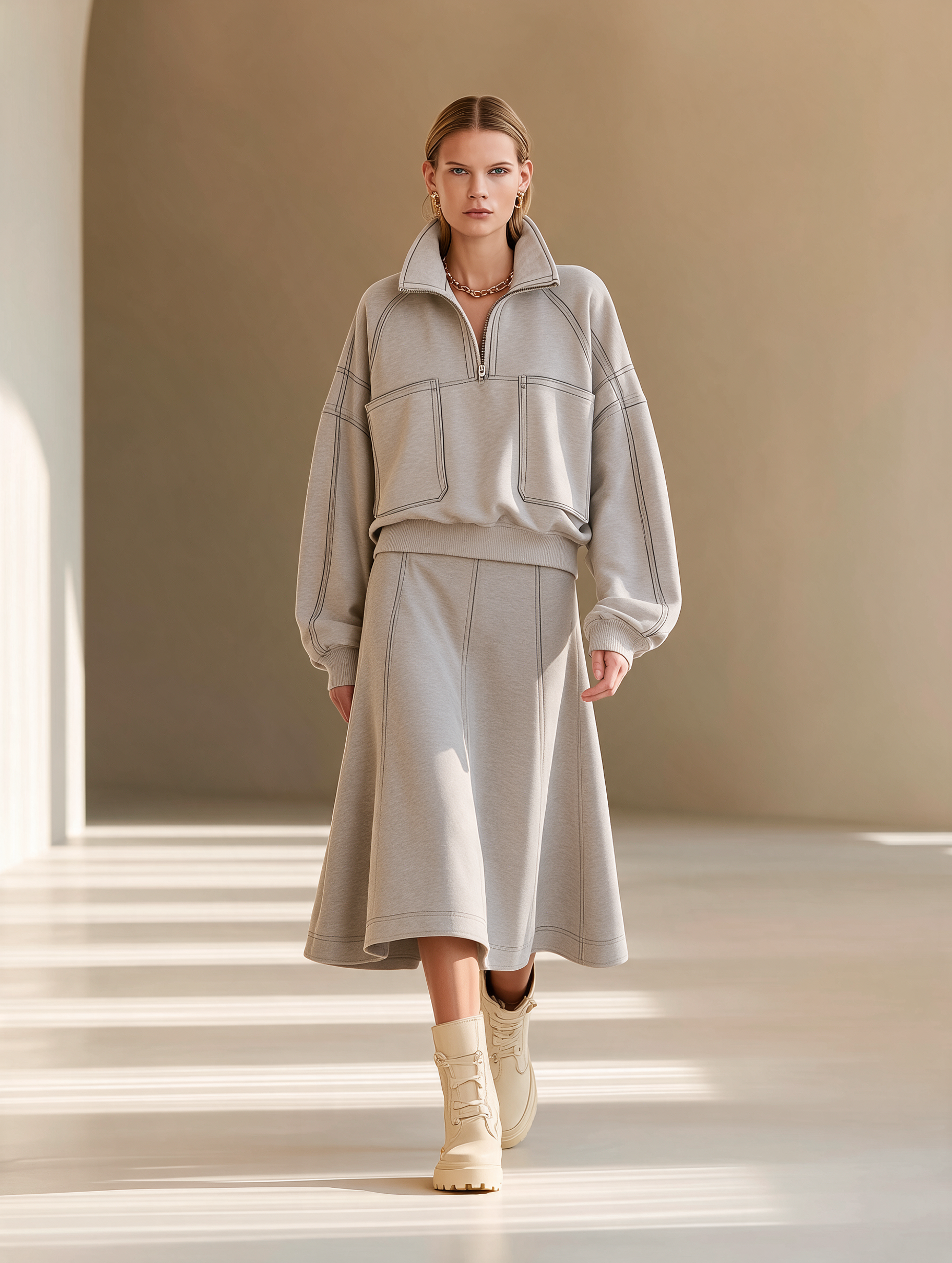 Women's Casual Half-Zip Stand-Collar Dropped-Shoulder Long-Sleeve Sweatshirt & High-Waisted A-Line Skirt Set MDZ2469H2CMX