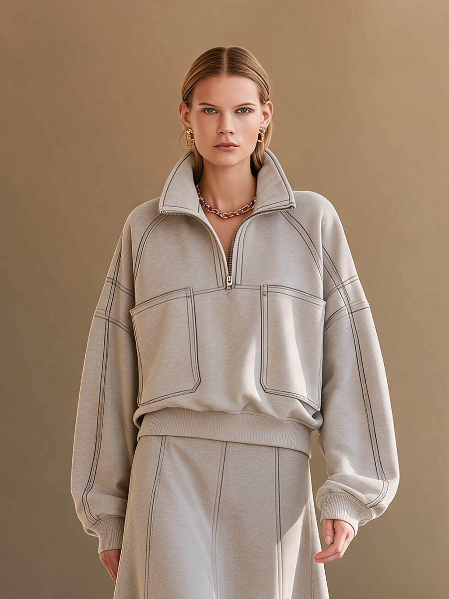 Women's Casual Half-Zip Stand-Collar Dropped-Shoulder Long-Sleeve Sweatshirt & High-Waisted A-Line Skirt Set MDZ2469H2CMX