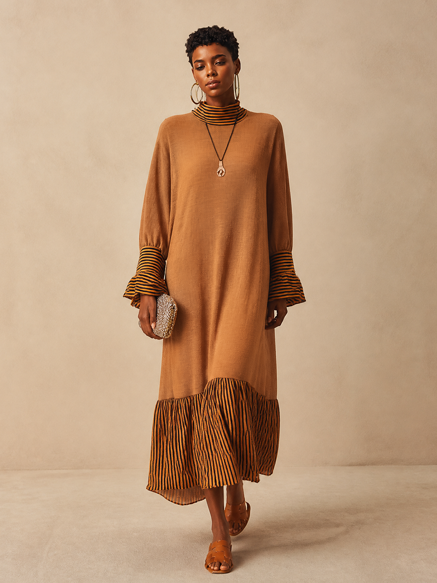 Women's Striped Ruffled Elegant Knit Maxi Dress MDZ2177H9GMJ