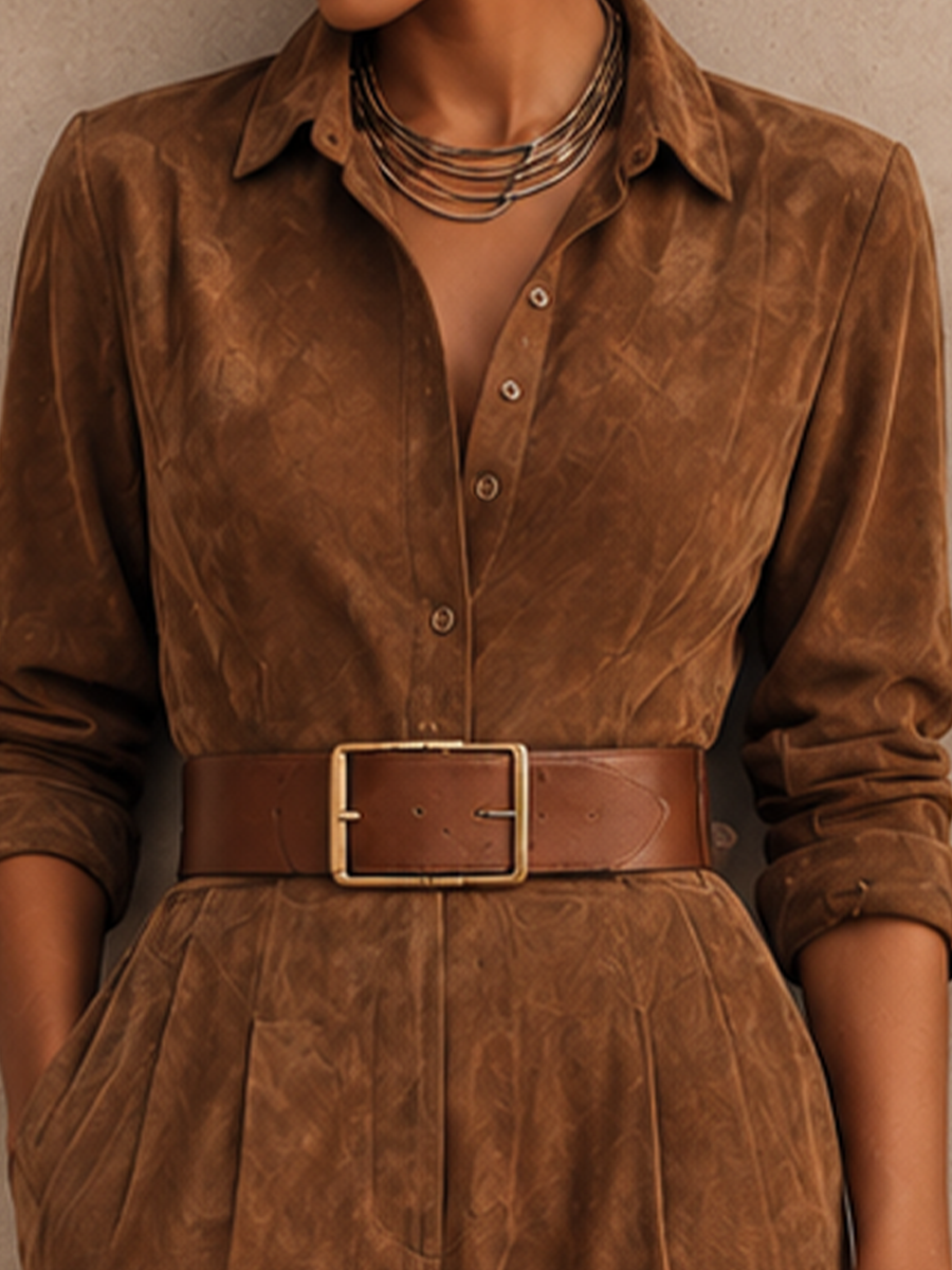 Women's Collared Elegant Suede Jumpsuit (Belt Not Included) MDZ2105H4GMJ