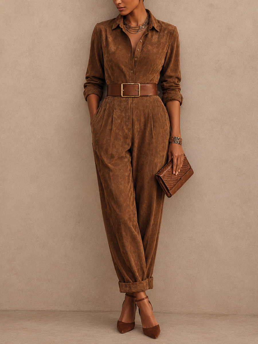 Women's Collared Elegant Suede Jumpsuit (Belt Not Included) MDZ2105H4GMJ