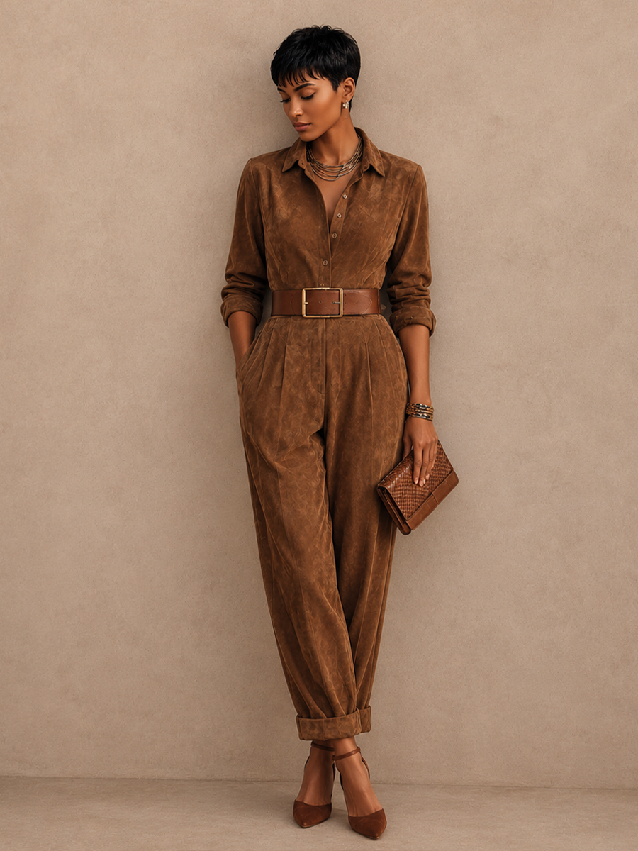 Women's Collared Elegant Suede Jumpsuit (Belt Not Included) MDZ2105H4GMJ