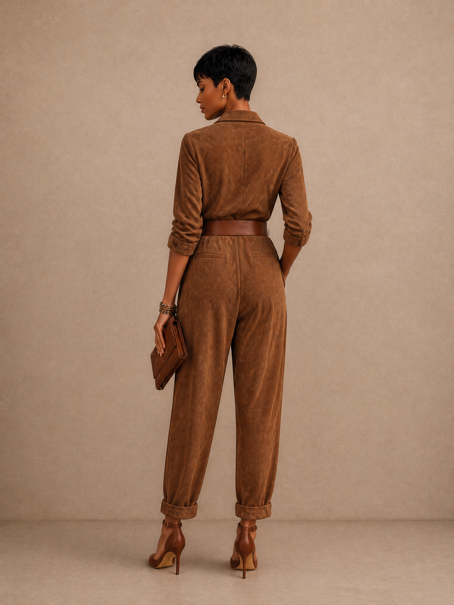 Women's Collared Elegant Suede Jumpsuit (Belt Not Included) MDZ2105H4GMJ
