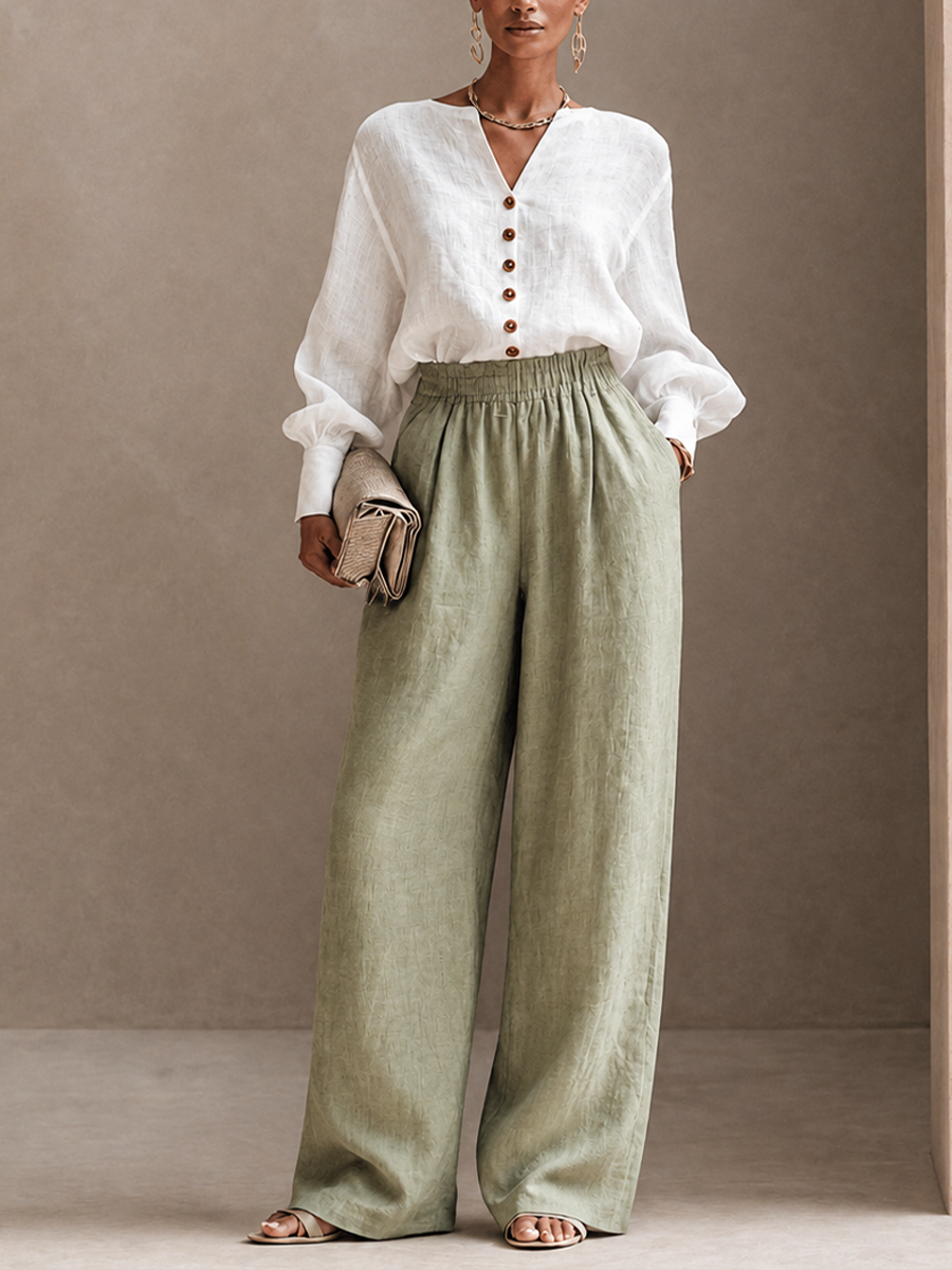 Women's Button Casual Cotton Linen V-Neck Wide-Leg Pants Set MDZ2115H5GMJ
