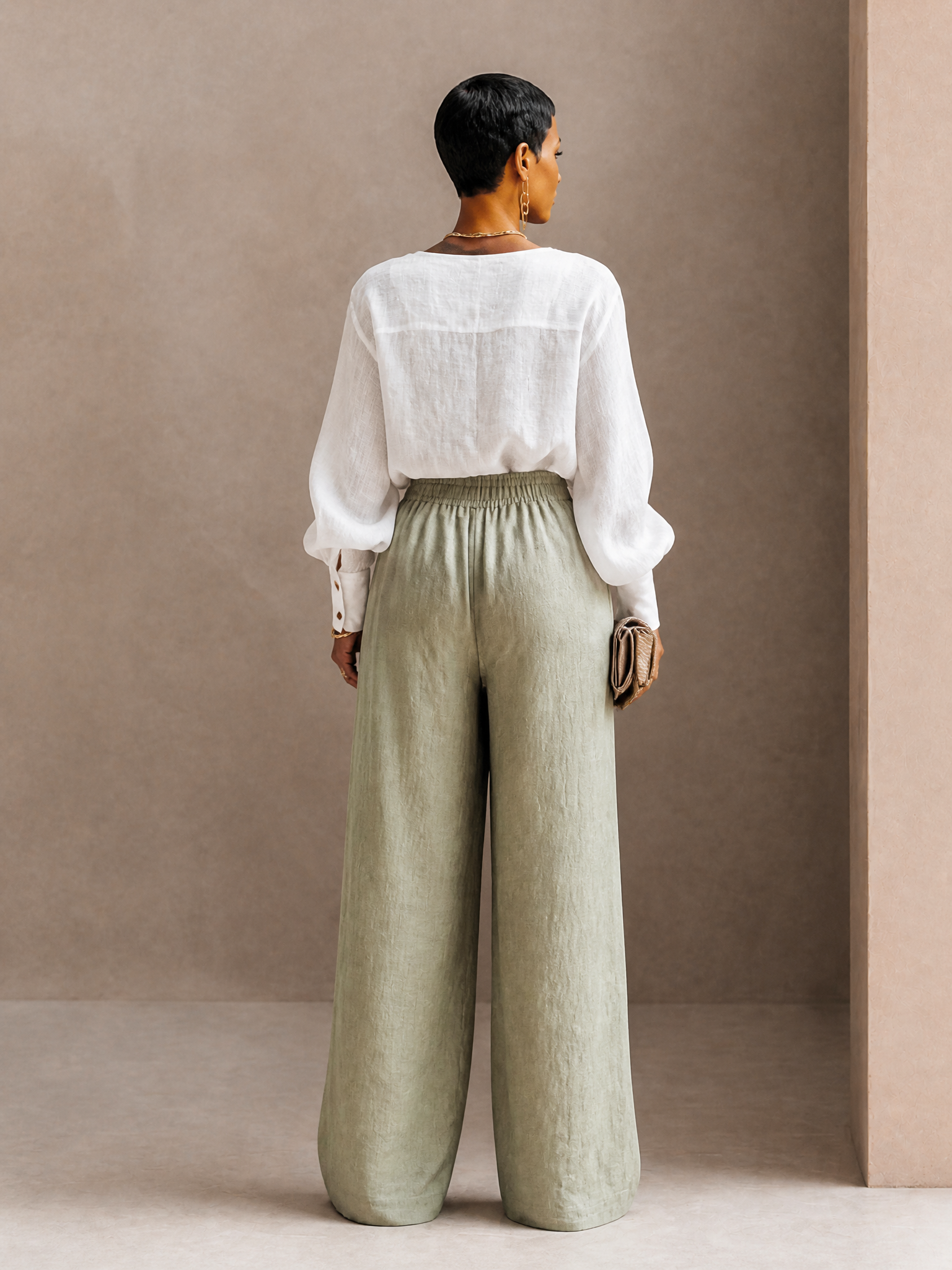 Women's Button Casual Cotton Linen V-Neck Wide-Leg Pants Set MDZ2115H5GMJ