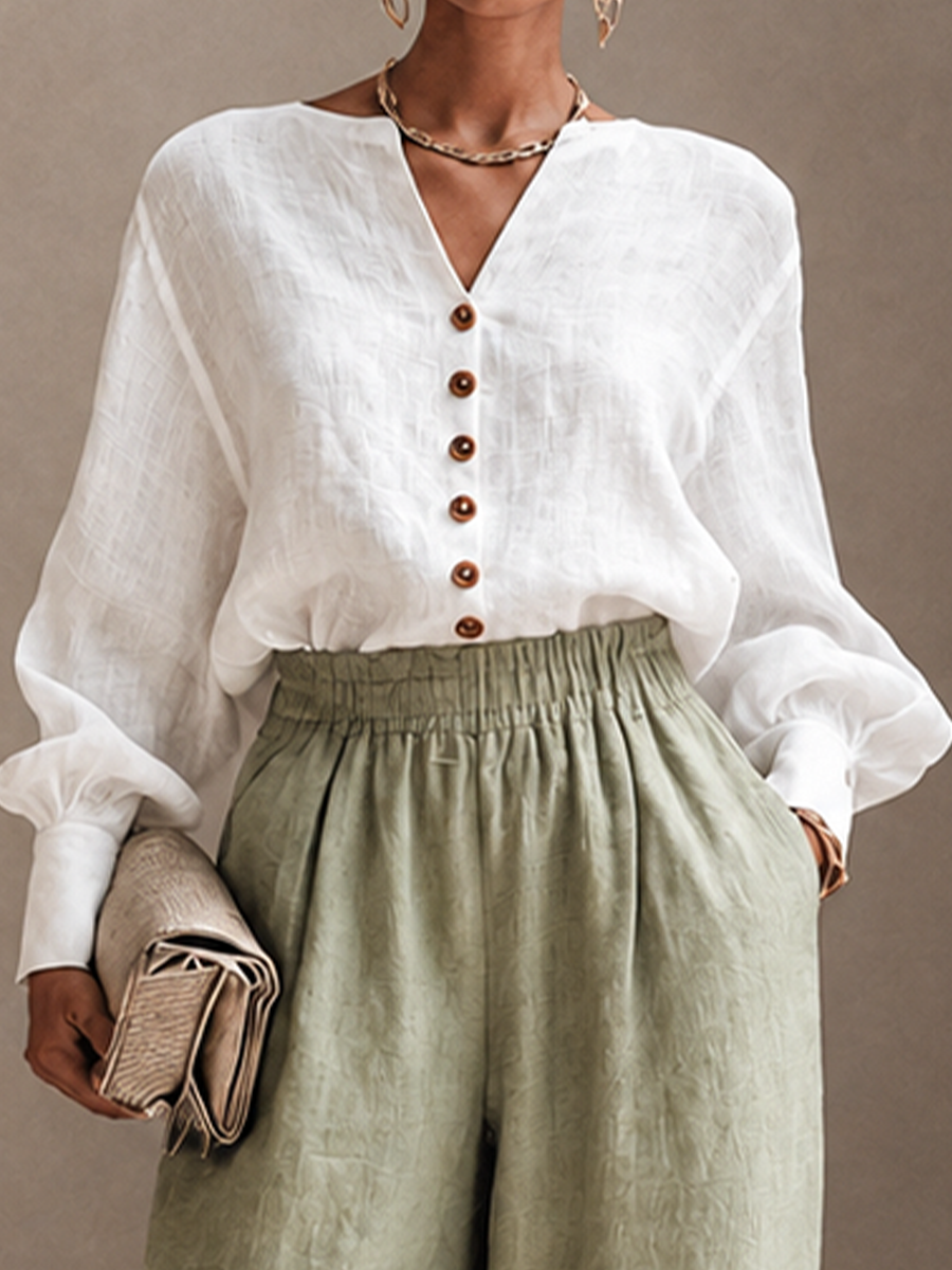 Women's Button Casual Cotton Linen V-Neck Wide-Leg Pants Set MDZ2115H5GMJ