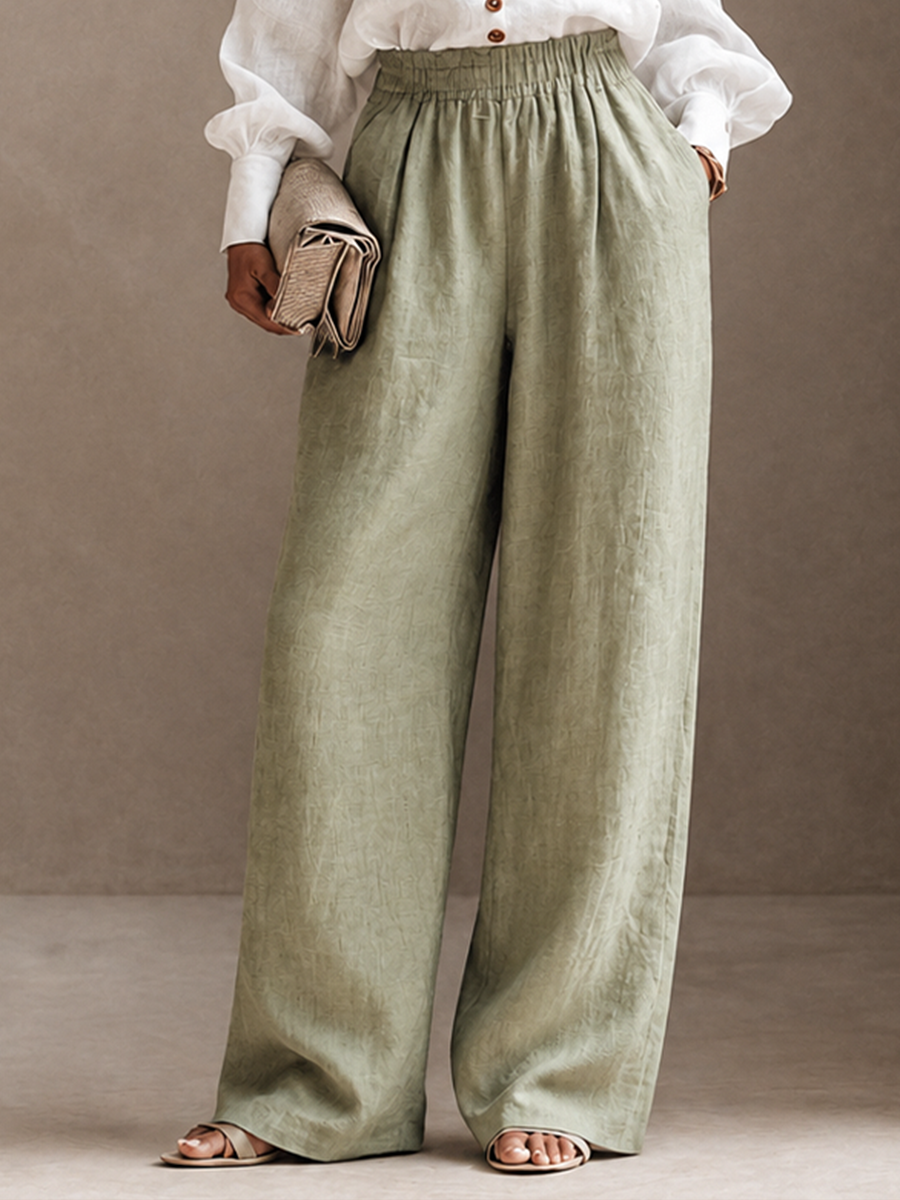 Women's Button Casual Cotton Linen V-Neck Wide-Leg Pants Set MDZ2115H5GMJ