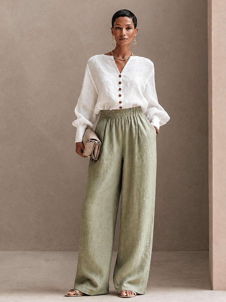 Women's Button Casual Cotton Linen V-Neck Wide-Leg Pants Set MDZ2115H5GMJ
