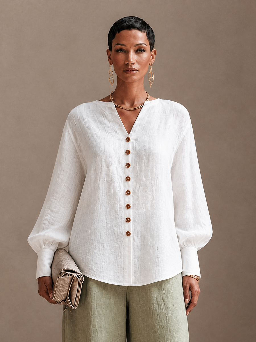 Women's Button Casual Cotton Linen V-Neck Lantern Sleeve Top MDZ2131H3GMJ