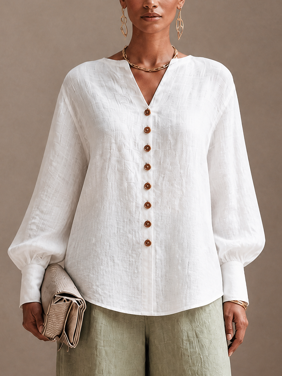 Women's Button Casual Cotton Linen V-Neck Lantern Sleeve Top MDZ2131H3GMJ