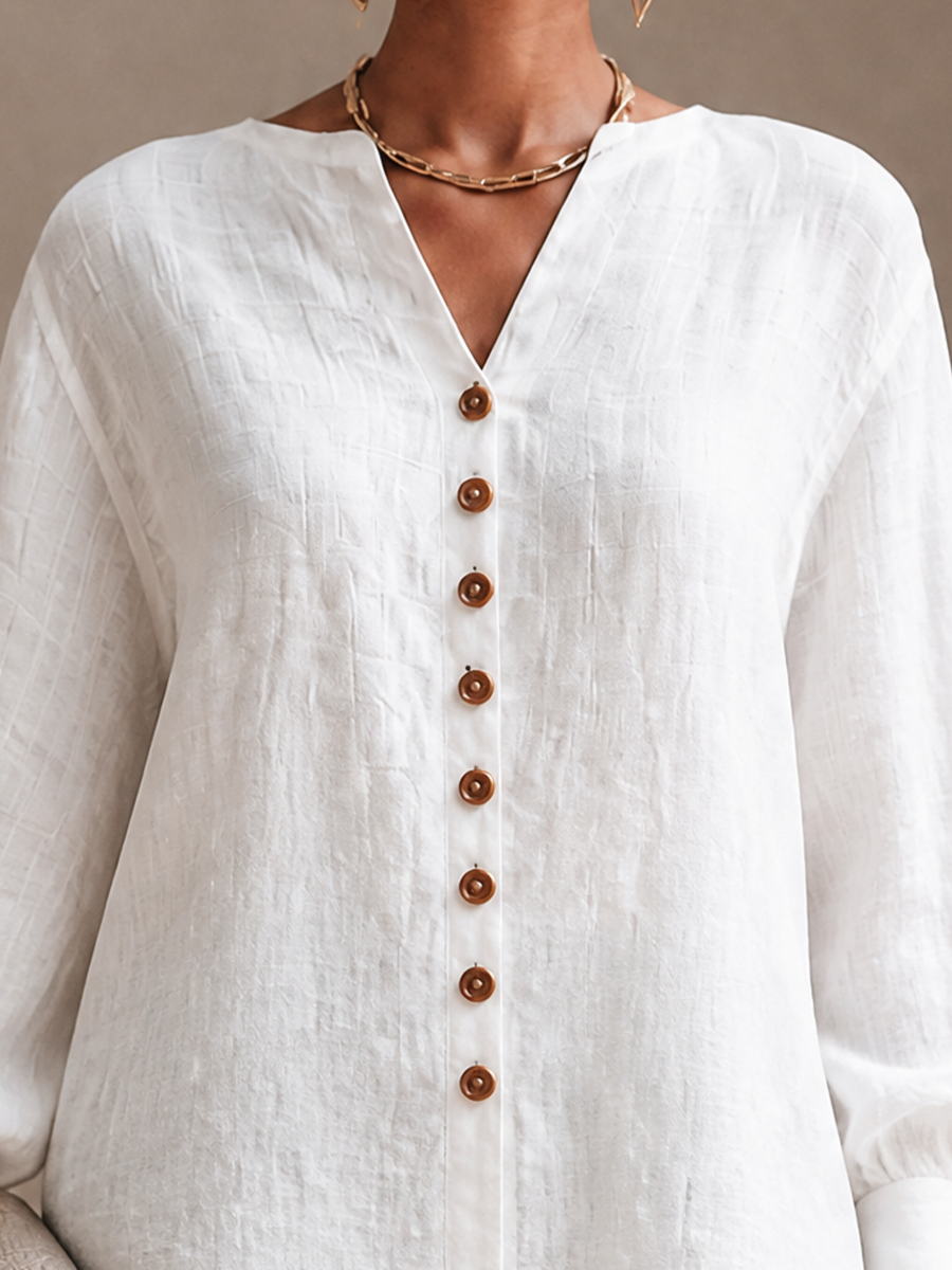 Women's Button Casual Cotton Linen V-Neck Lantern Sleeve Top MDZ2131H3GMJ