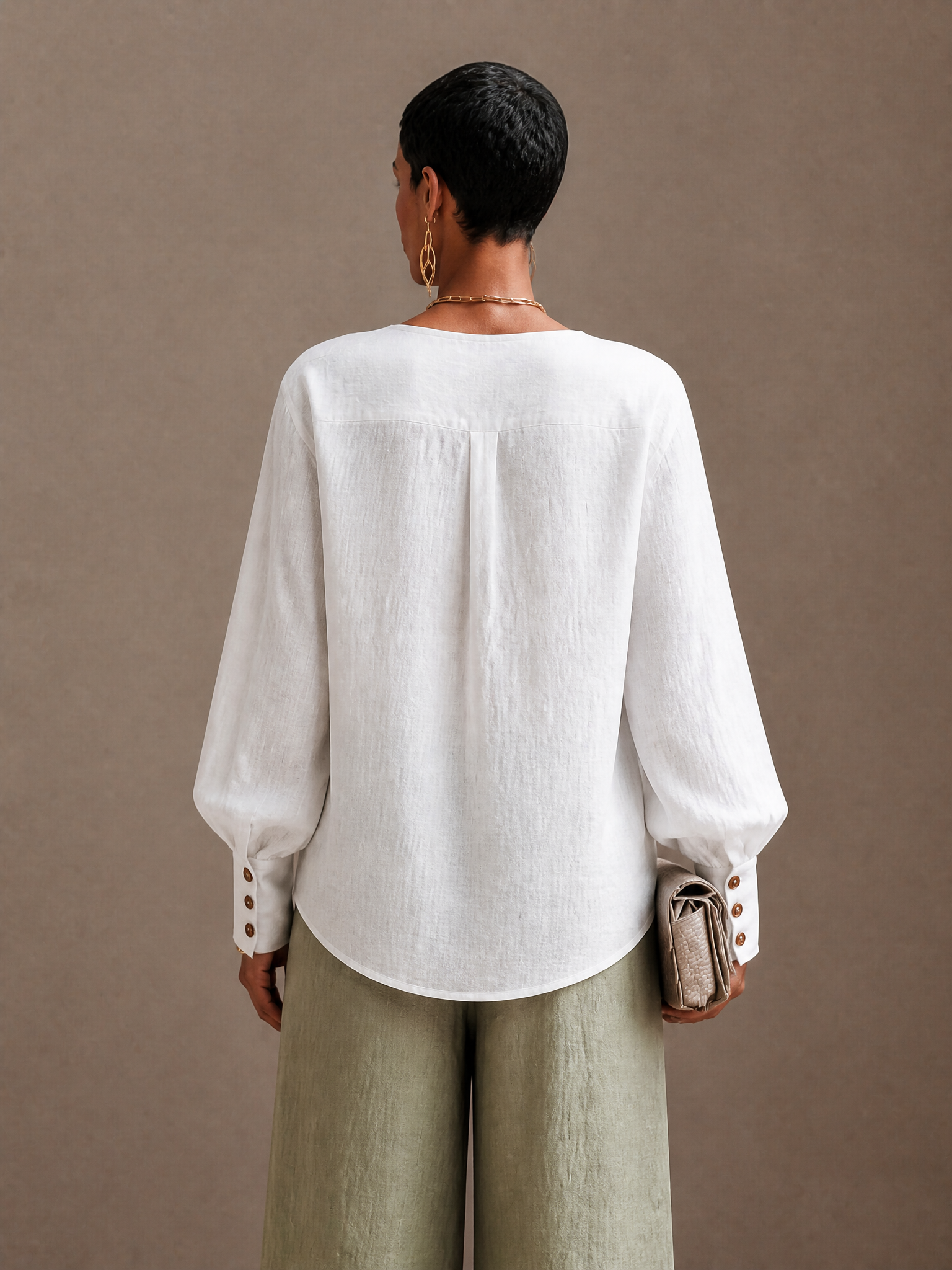 Women's Button Casual Cotton Linen V-Neck Lantern Sleeve Top MDZ2131H3GMJ