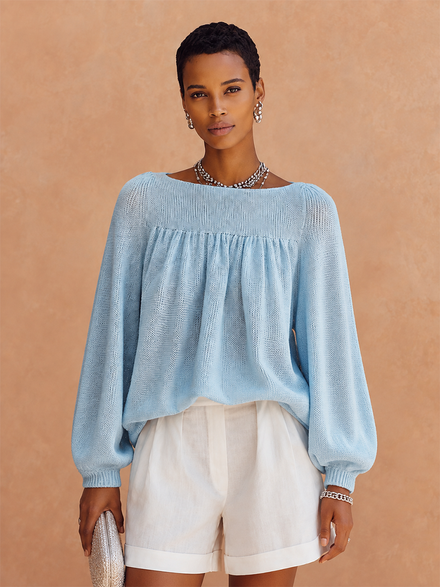 Women's Ruched Casual Knit Crew Neck Lantern Sleeve Top MDZ2186H3GMJ