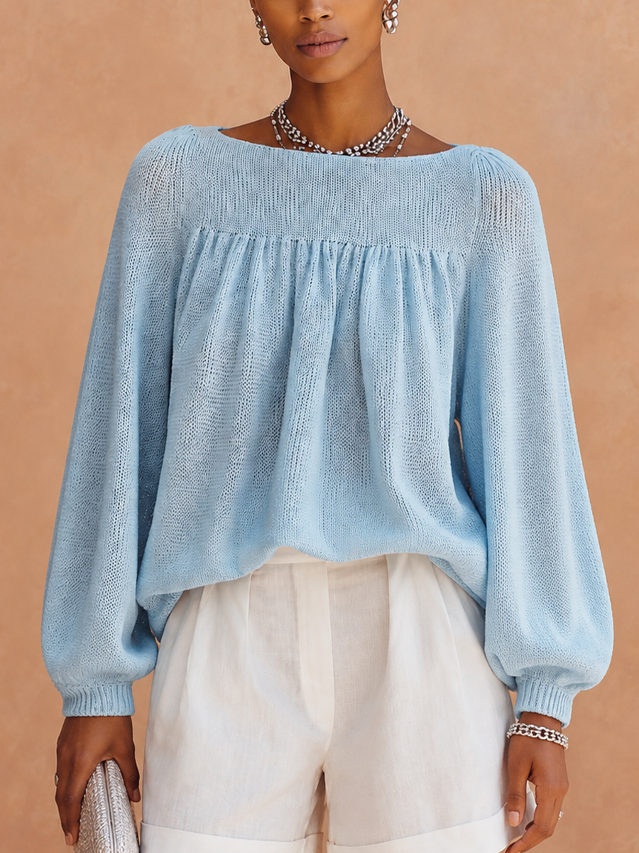 Women's Ruched Casual Knit Crew Neck Lantern Sleeve Top MDZ2186H3GMJ