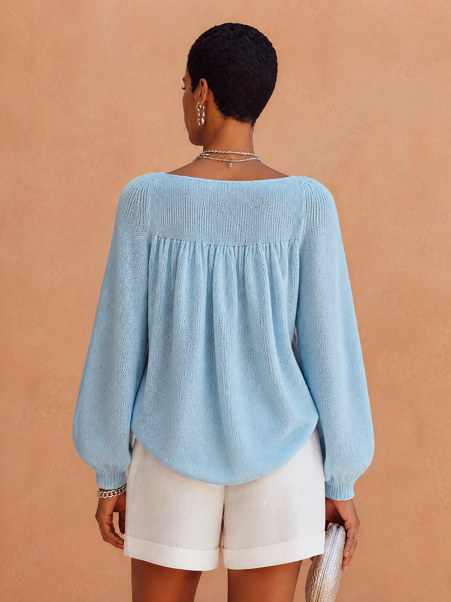 Women's Ruched Casual Knit Crew Neck Lantern Sleeve Top MDZ2186H3GMJ
