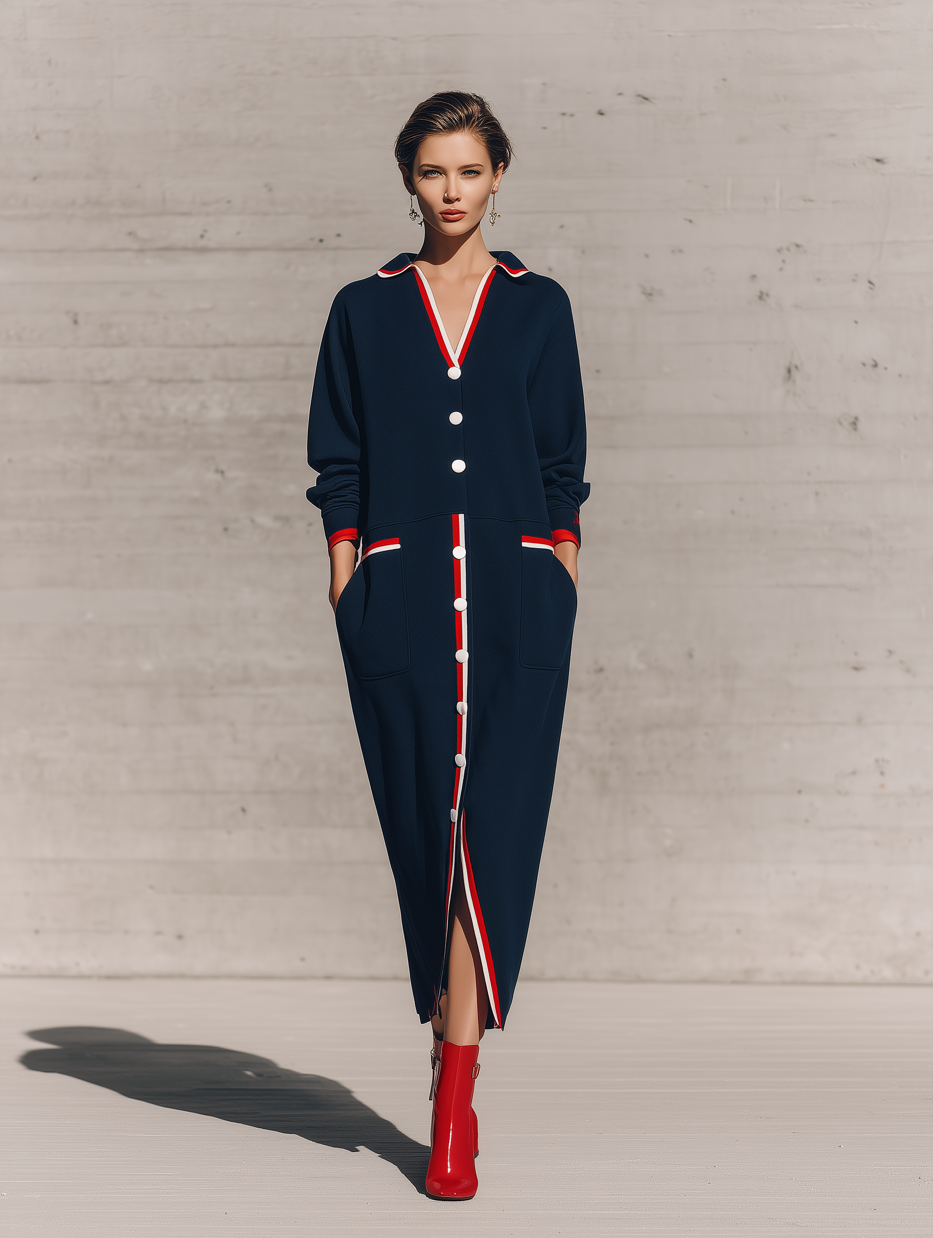 Women's Long Sleeve Contrast Trim Button Navy Maxi Dress MDZ2416H1YZJ