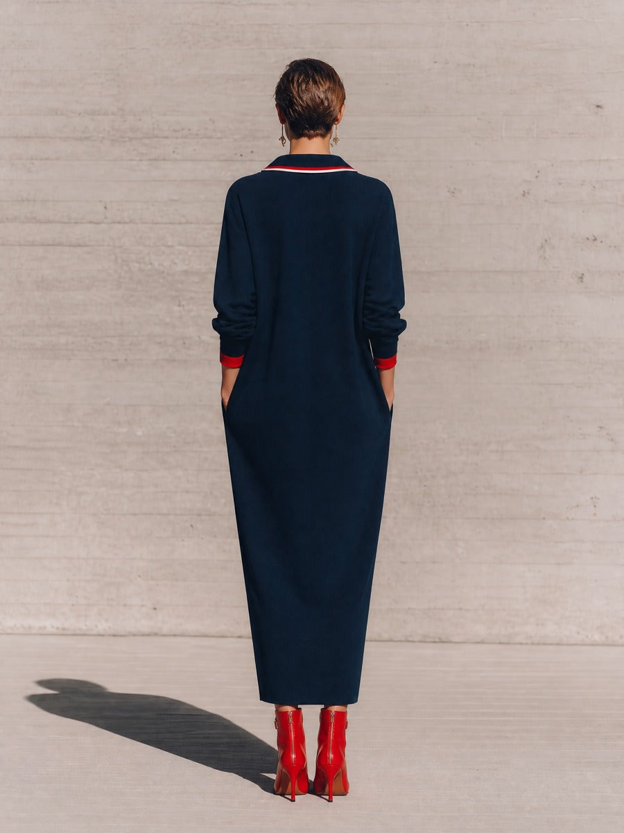 Women's Long Sleeve Contrast Trim Button Navy Maxi Dress MDZ2416H1YZJ