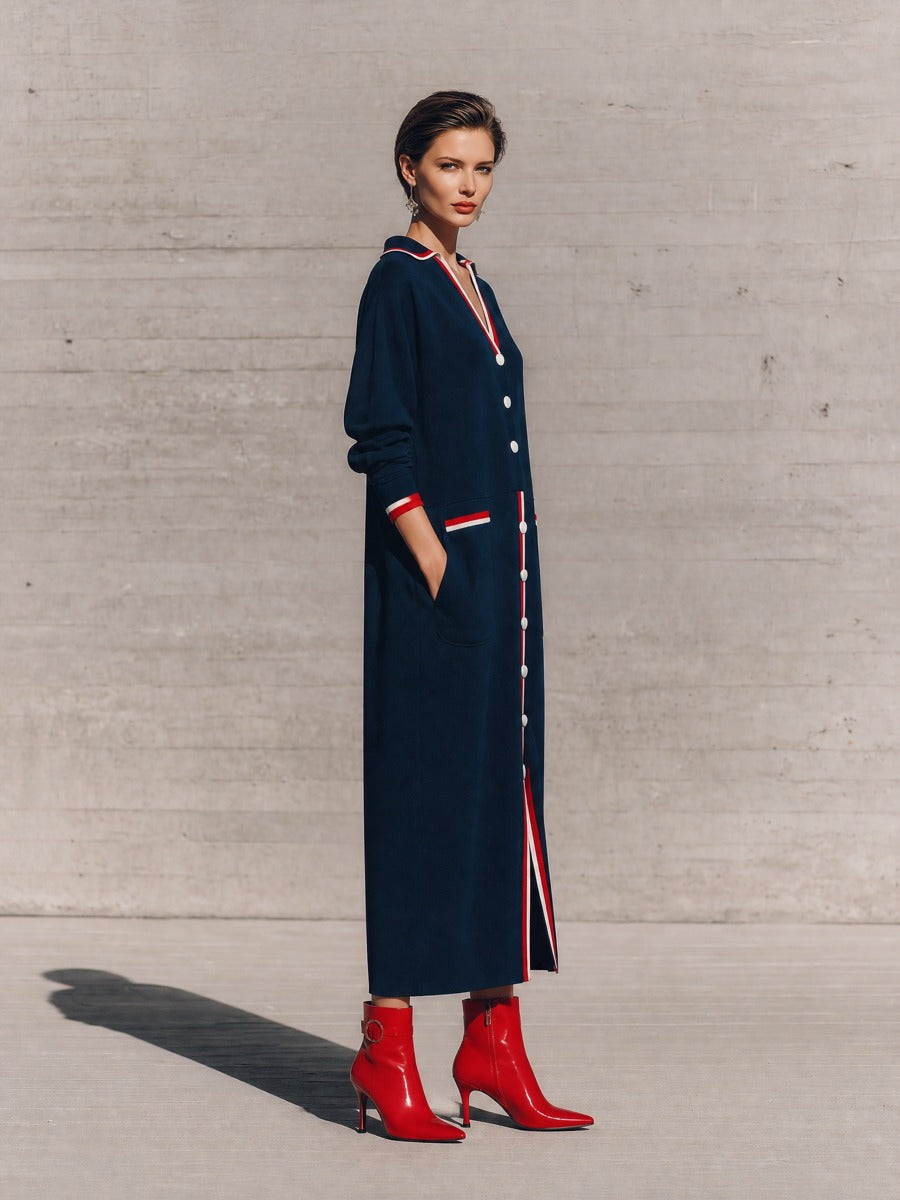 Women's Long Sleeve Contrast Trim Button Navy Maxi Dress MDZ2416H1YZJ