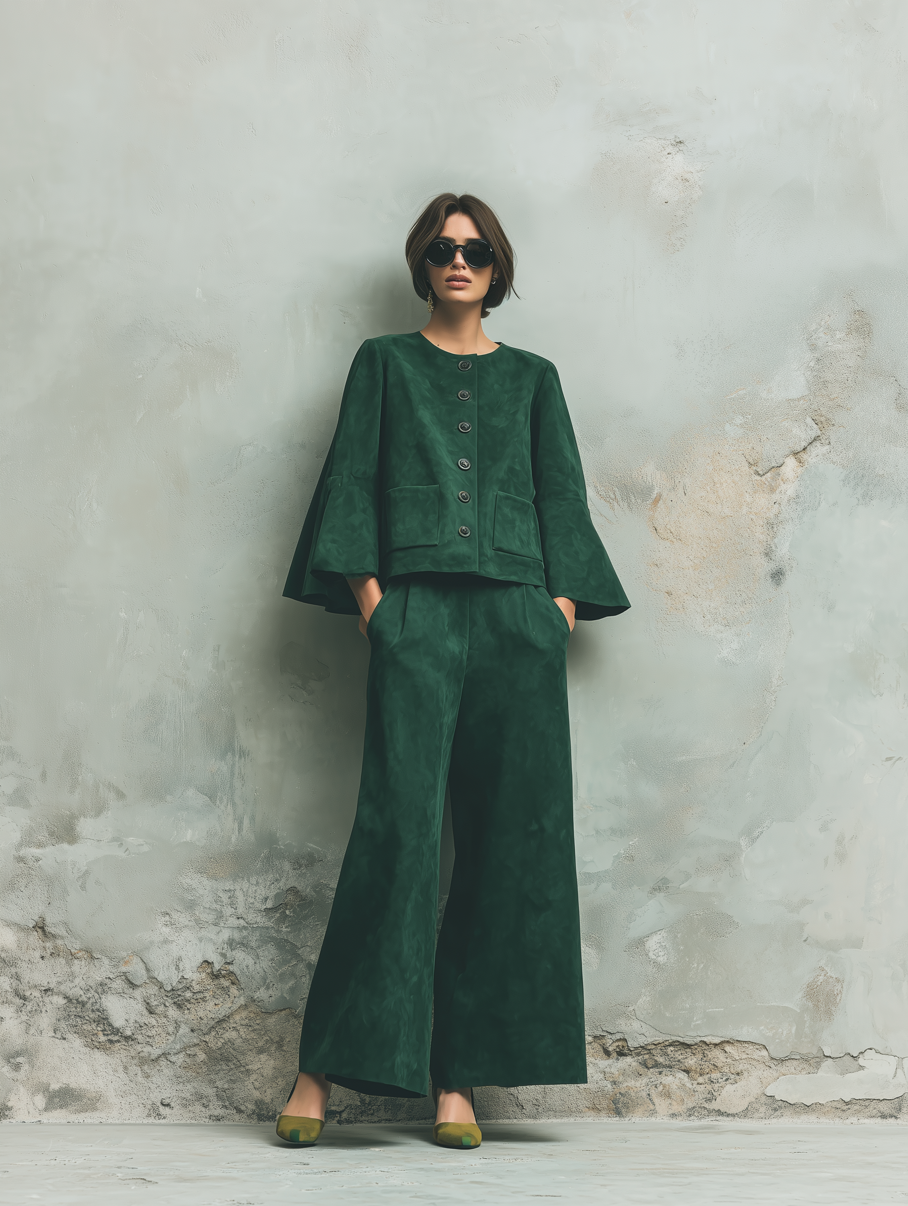 Women's Bell Sleeve Button Front Green Pants Set MDZ2493H3YZJ