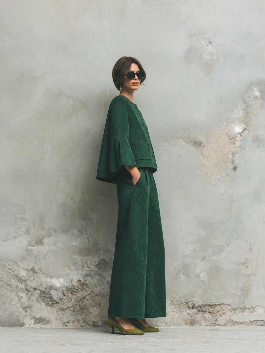 Women's Bell Sleeve Button Front Green Pants Set MDZ2493H3YZJ