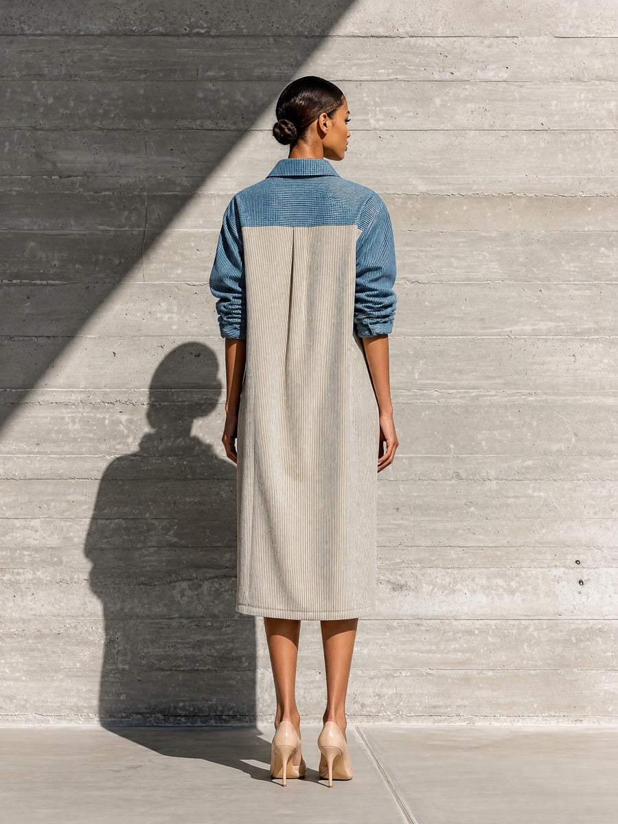 Women's Long Sleeve Colorblock Blue Beige Dress MDZ2447H4YZJ