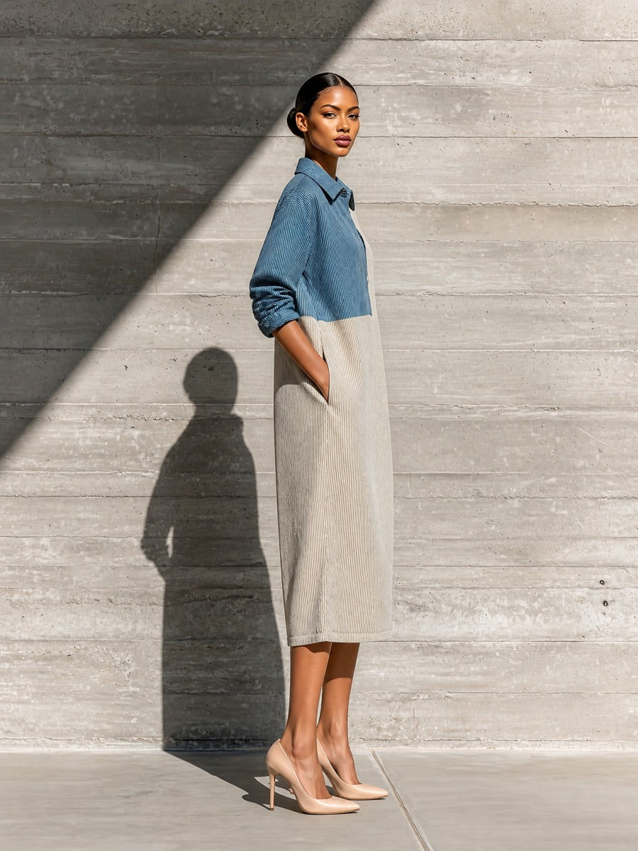 Women's Long Sleeve Colorblock Blue Beige Dress MDZ2447H4YZJ