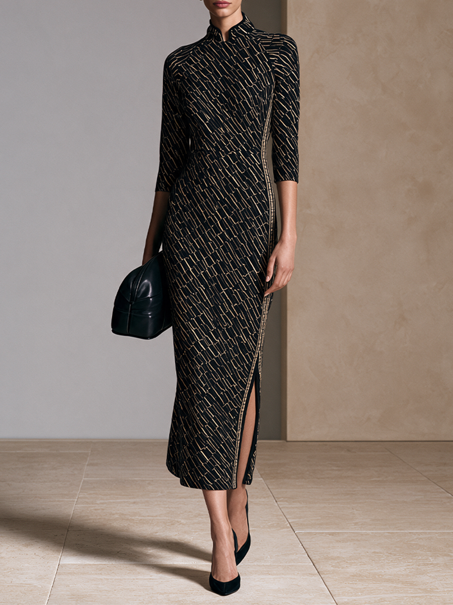 Women's Slit Mandarin Collar Event Knit Midi Dress MDZ2417H5LYL