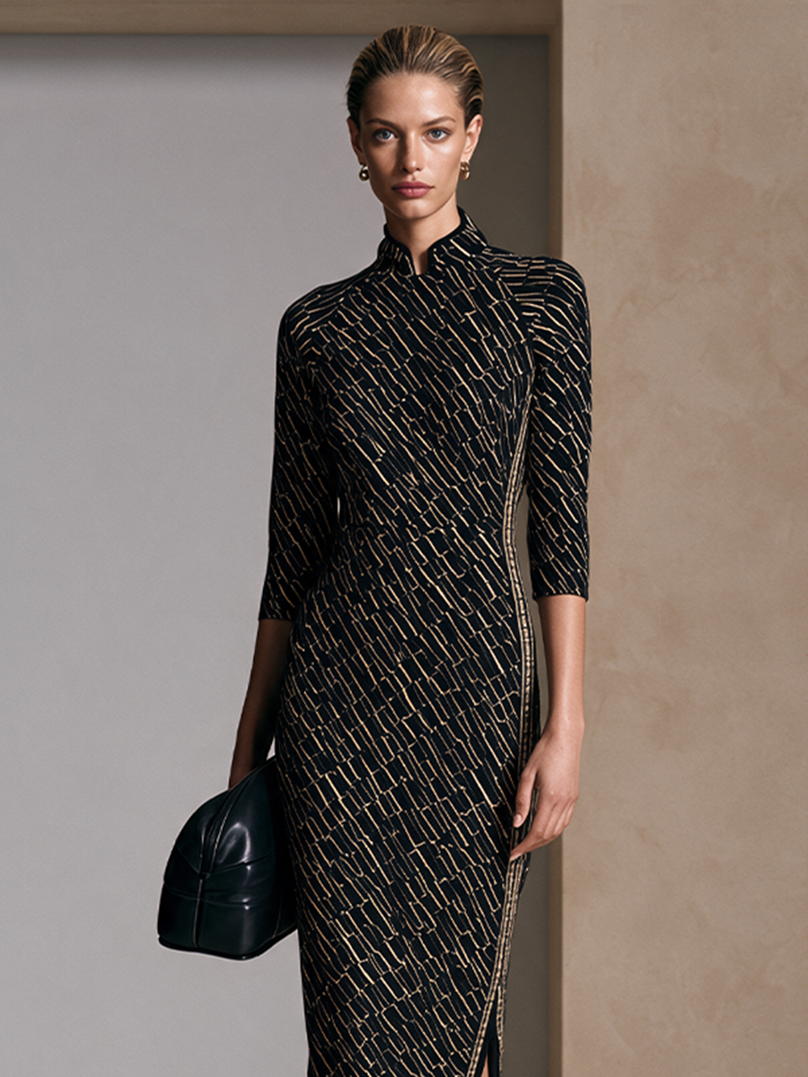 Women's Slit Mandarin Collar Event Knit Midi Dress MDZ2417H5LYL