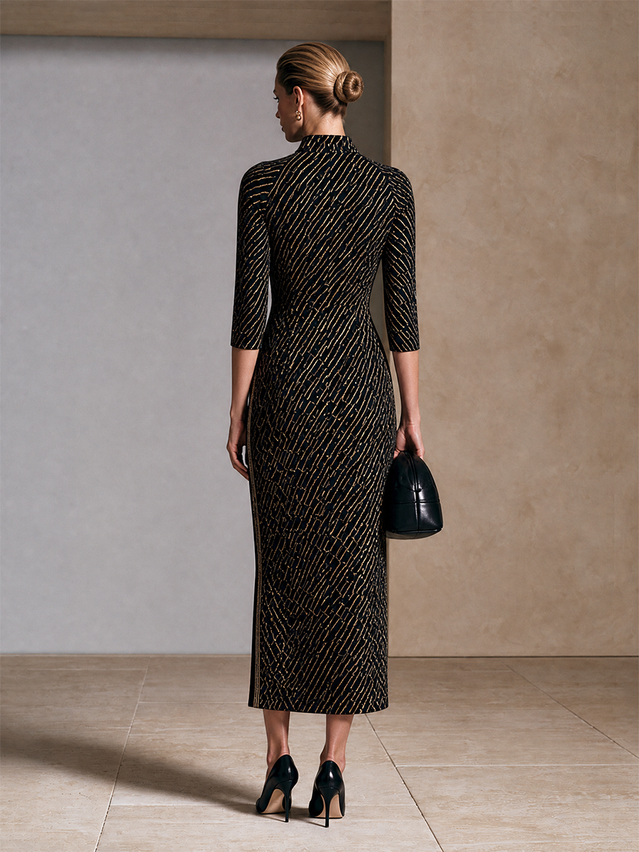 Women's Slit Mandarin Collar Event Knit Midi Dress MDZ2417H5LYL