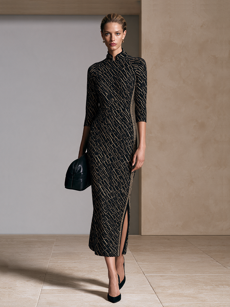 Women's Slit Mandarin Collar Event Knit Midi Dress MDZ2417H5LYL