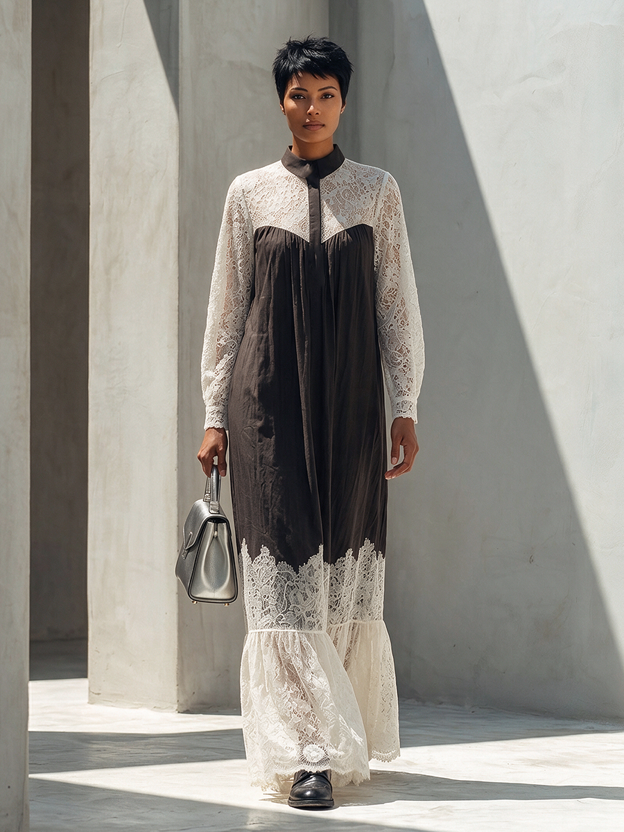 Women's Long-Sleeve Cotton-Blend Maxi Dress With Lace Paneling MDZ2406H1ZRK