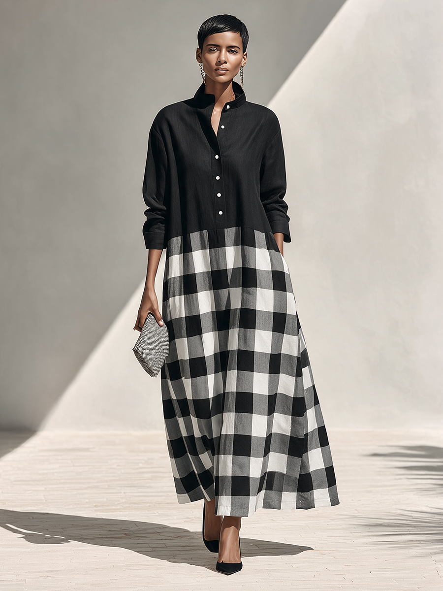 Women's Long-Sleeve Cotton-Linen Maxi Dress With Plaid Panel Detail MDZ2428H4ZRK