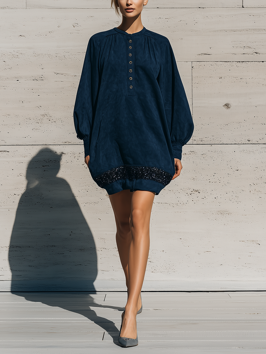 Women's Long Sleeve Half Button Sequin Hem Navy Dress MDZ1945H1YZJ