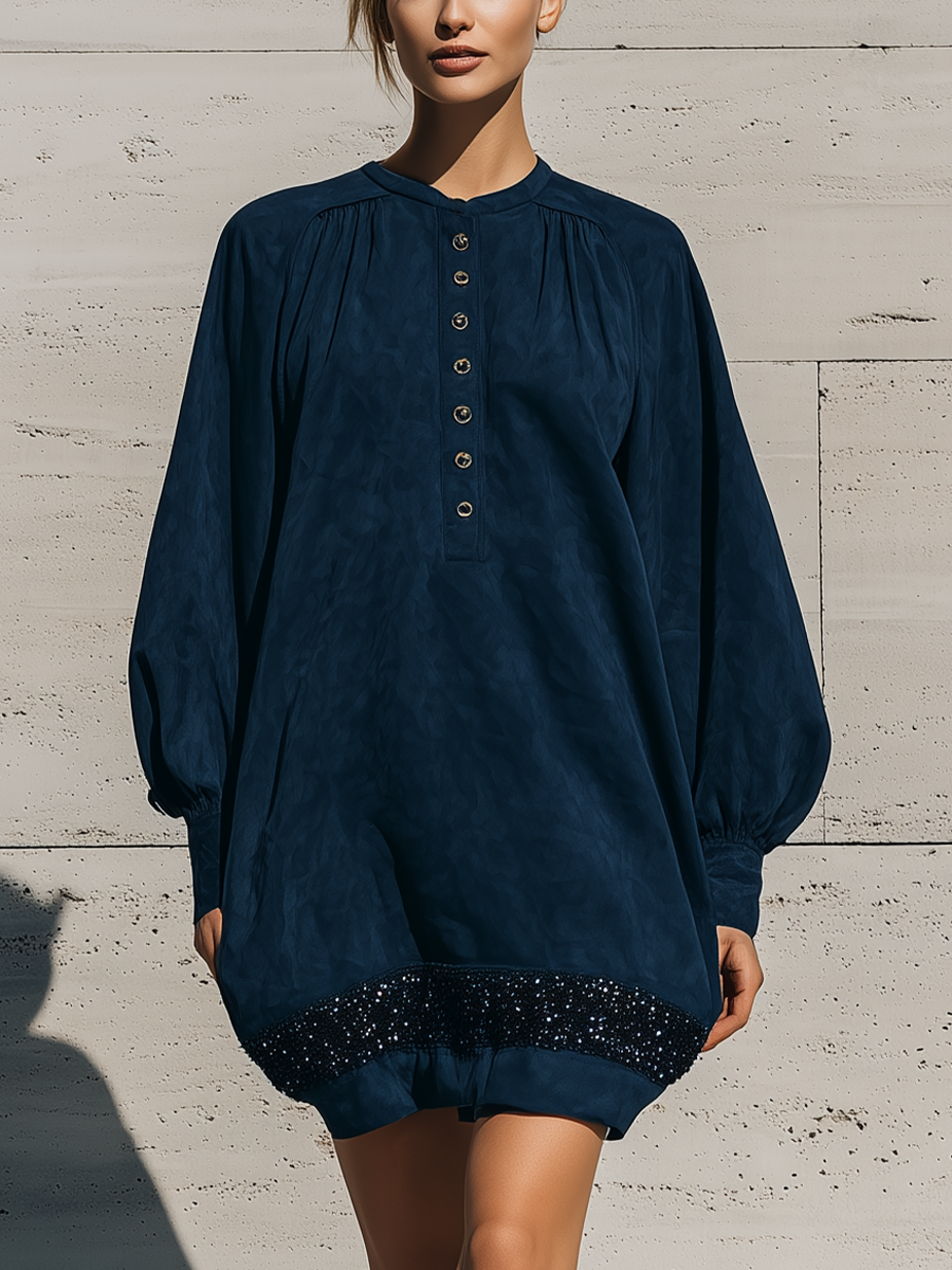Women's Long Sleeve Half Button Sequin Hem Navy Dress MDZ1945H1YZJ