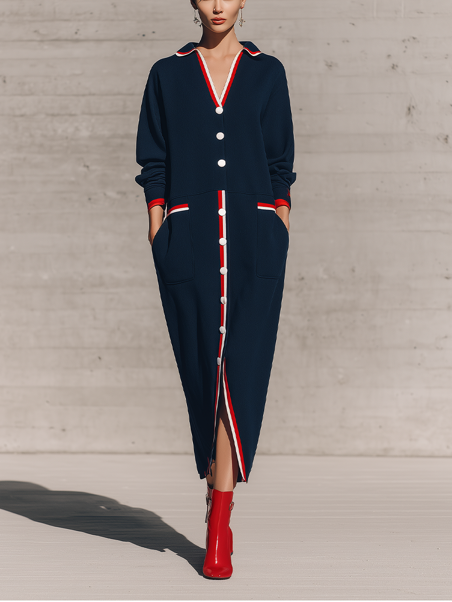 Women's Long Sleeve Contrast Trim Button Navy Maxi Dress MDZ2416H1YZJ