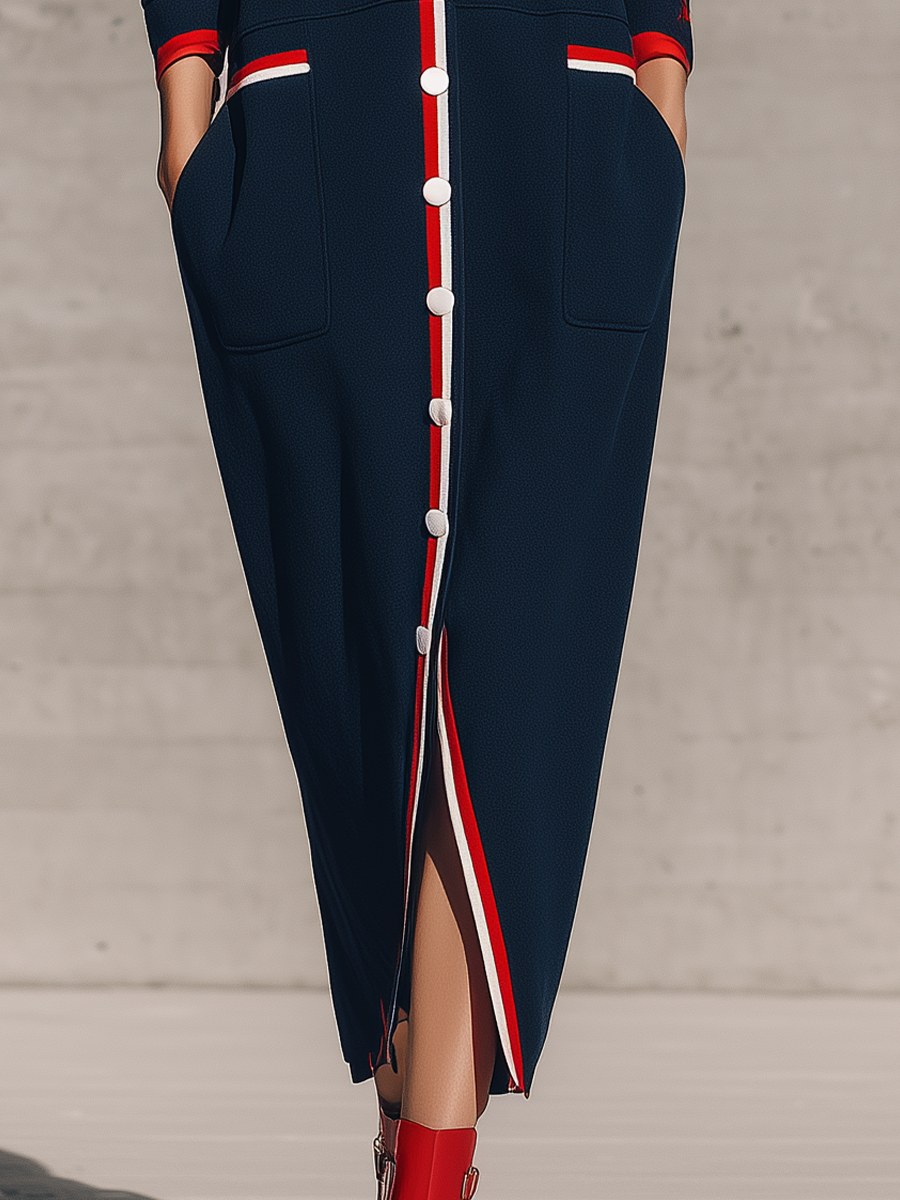 Women's Long Sleeve Contrast Trim Button Navy Maxi Dress MDZ2416H1YZJ