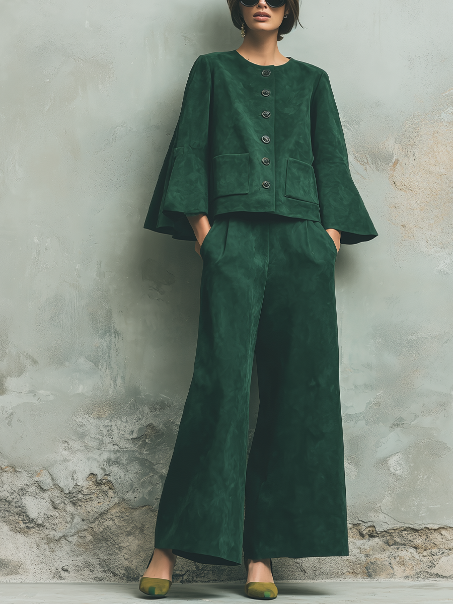 Women's Cape Sleeve Button Front Green Jacket MDZ2402H9YZJ