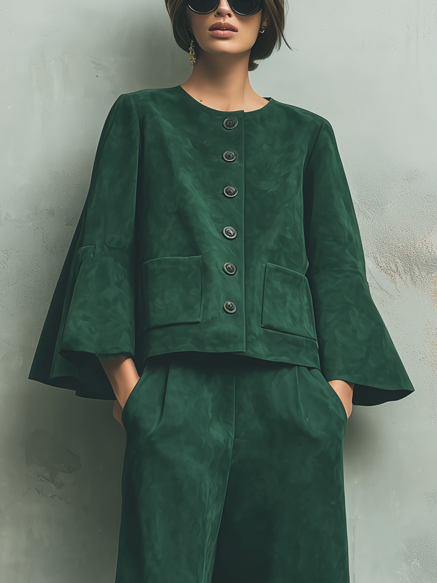 Women's Cape Sleeve Button Front Green Jacket MDZ2402H9YZJ
