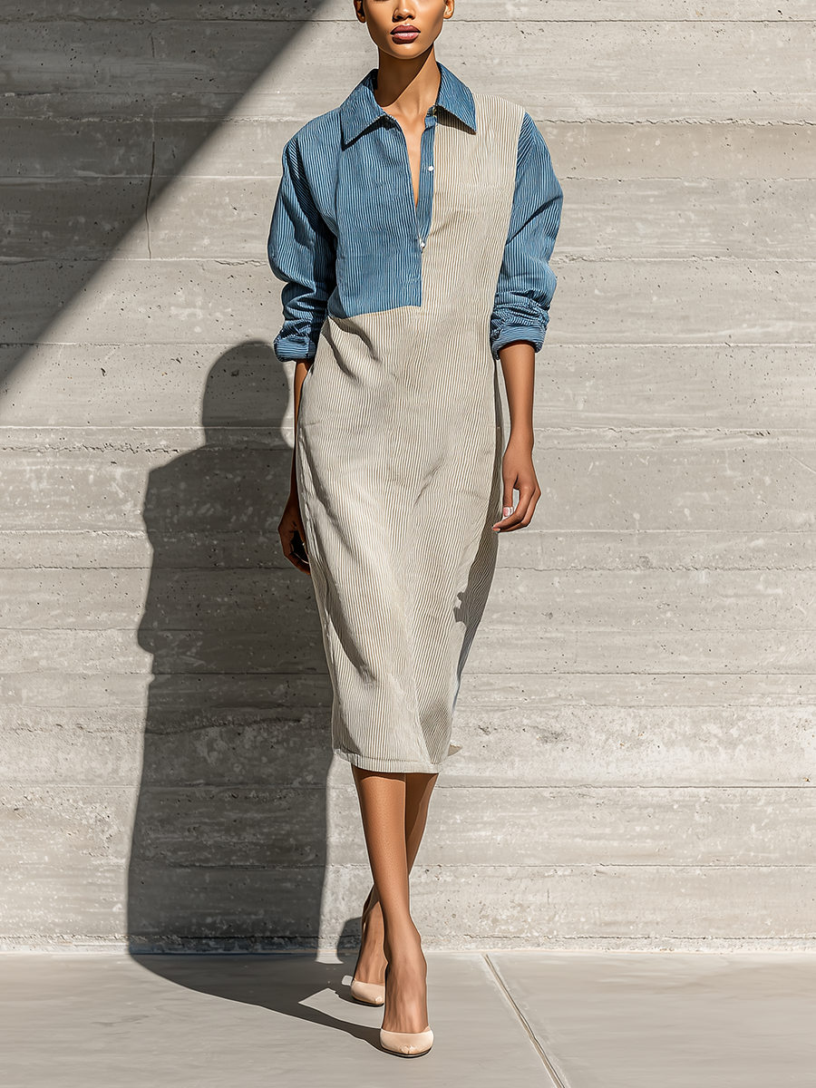 Women's Long Sleeve Colorblock Blue Beige Dress MDZ2447H4YZJ