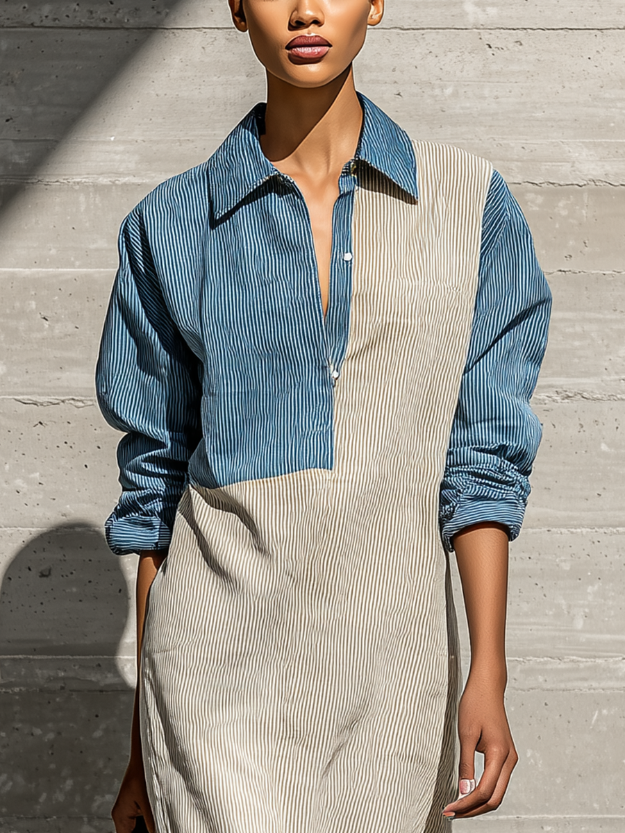 Women's Long Sleeve Colorblock Blue Beige Dress MDZ2447H4YZJ