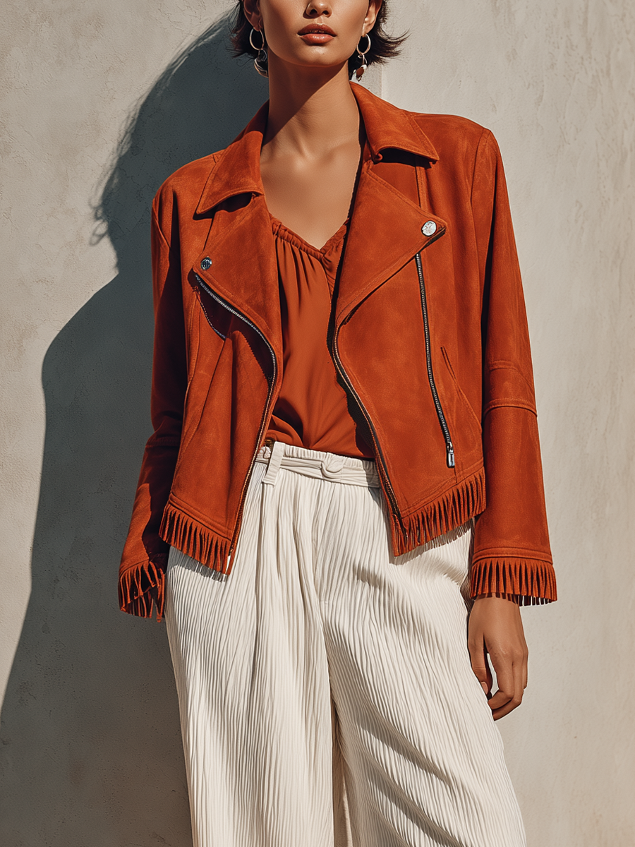 Women's Notched Lapel Fringe Rust Suede Jacket MDZ2411H8YZJ