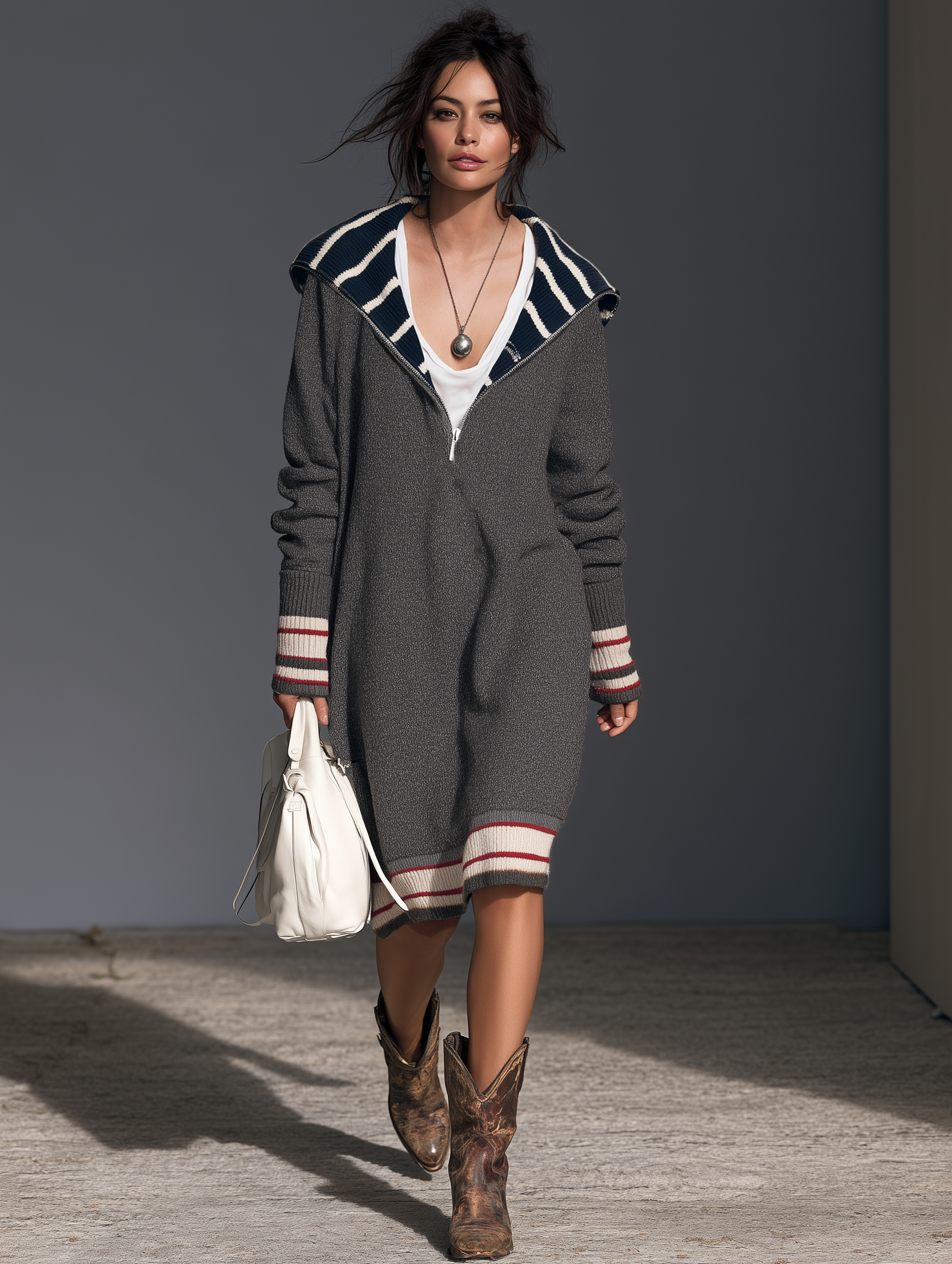 Women's Vintage Striped Zip-Front Shawl Collar Midi Sweater Dress MDZ2141H8WY