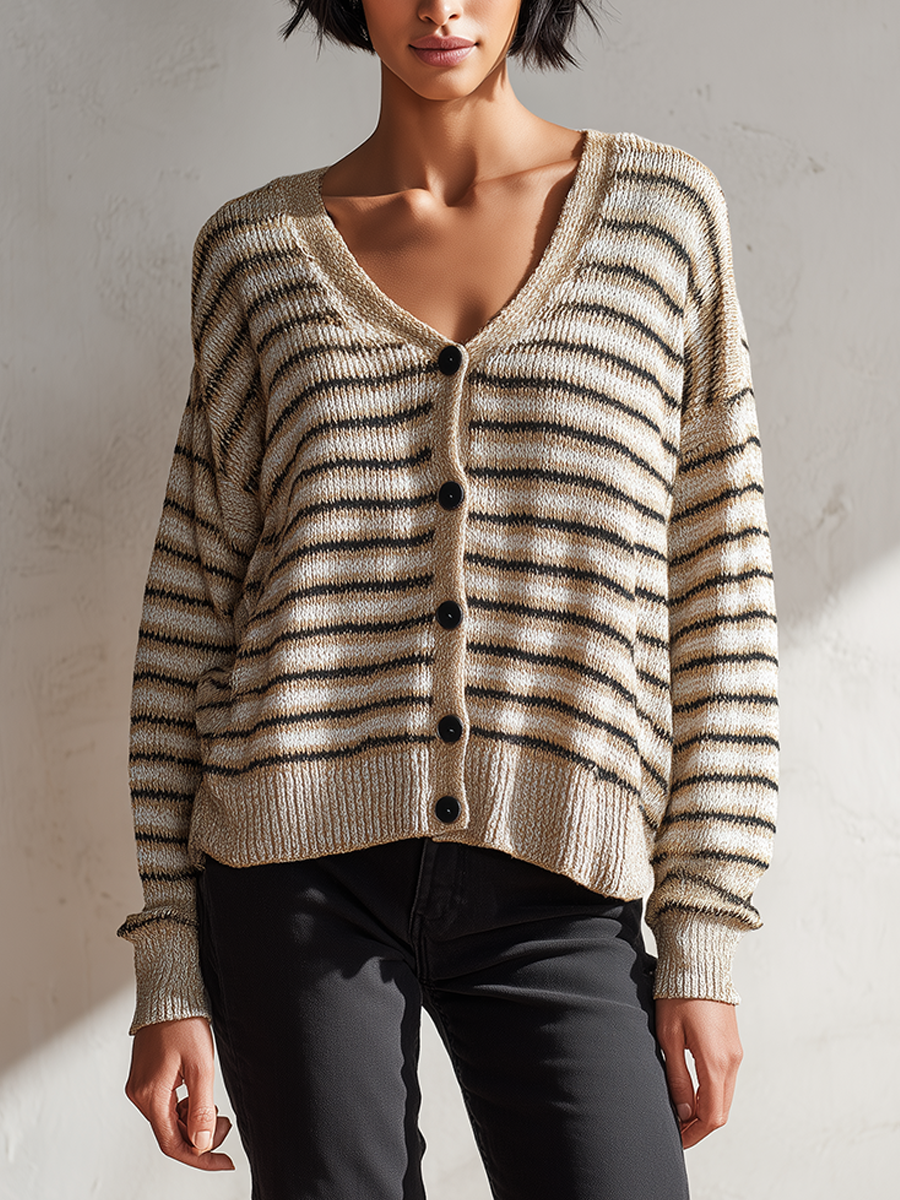 Women's Striped V-Neck Knit Cardigan MDZ2409H0ZRK