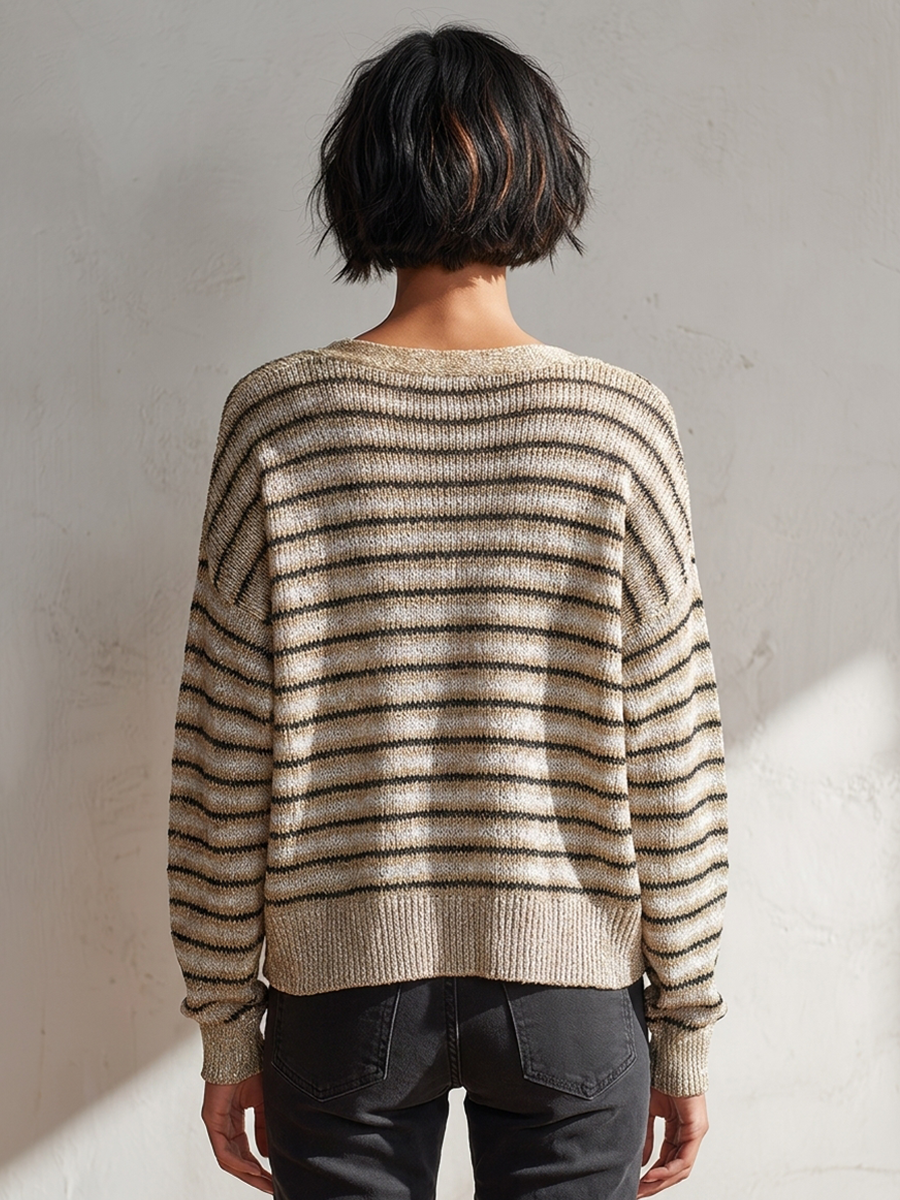 Women's Striped V-Neck Knit Cardigan MDZ2409H0ZRK