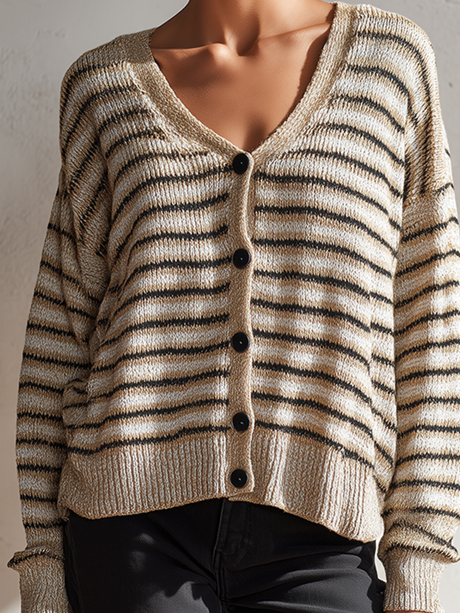 Women's Striped V-Neck Knit Cardigan MDZ2409H0ZRK